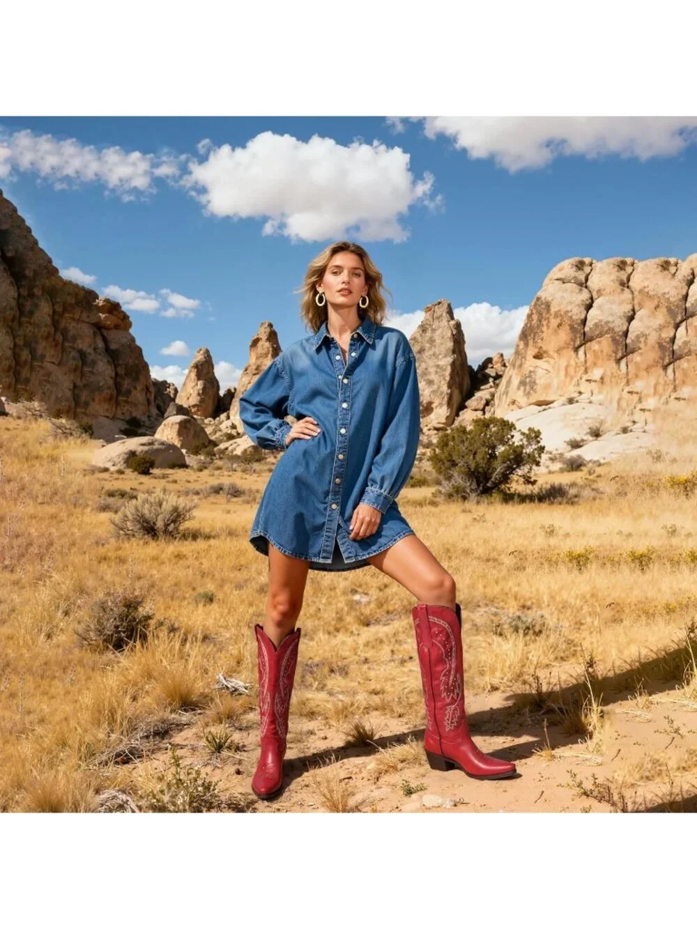 Women's Red Knee High Cowgirl Boots Pointed Toe Slip On Chunky Heel